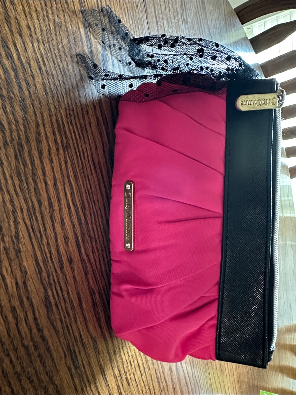 Juicy Couture Hot Pink and Black Pleated Pouch with Polka Dot Tulle